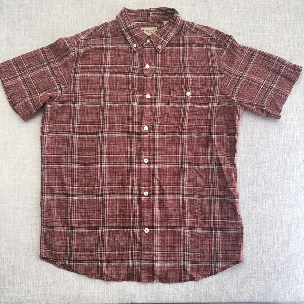 Weatherproof Vintage Mens Large Red Plaid Washable Linen Short Sleeve Shirt
